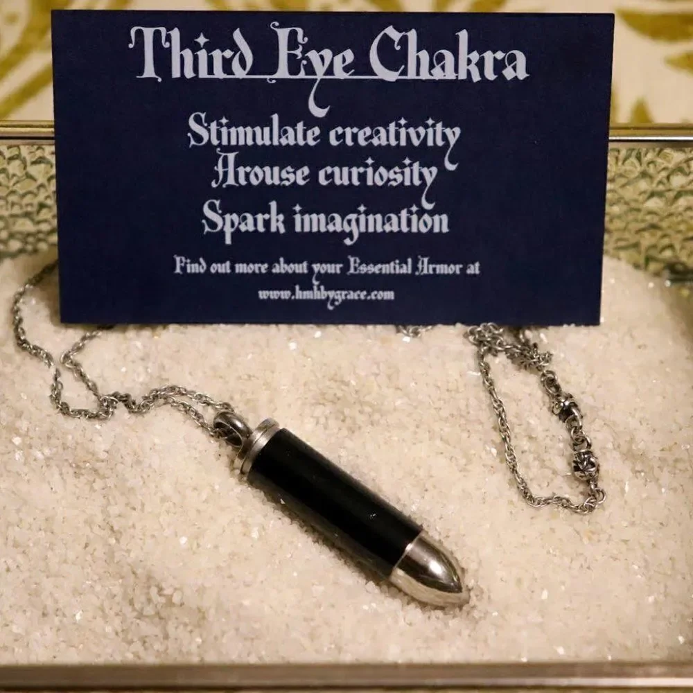 Black & Silver Steel Bullet Shaped Pendant Necklace w/ Patchouli Essential Oil